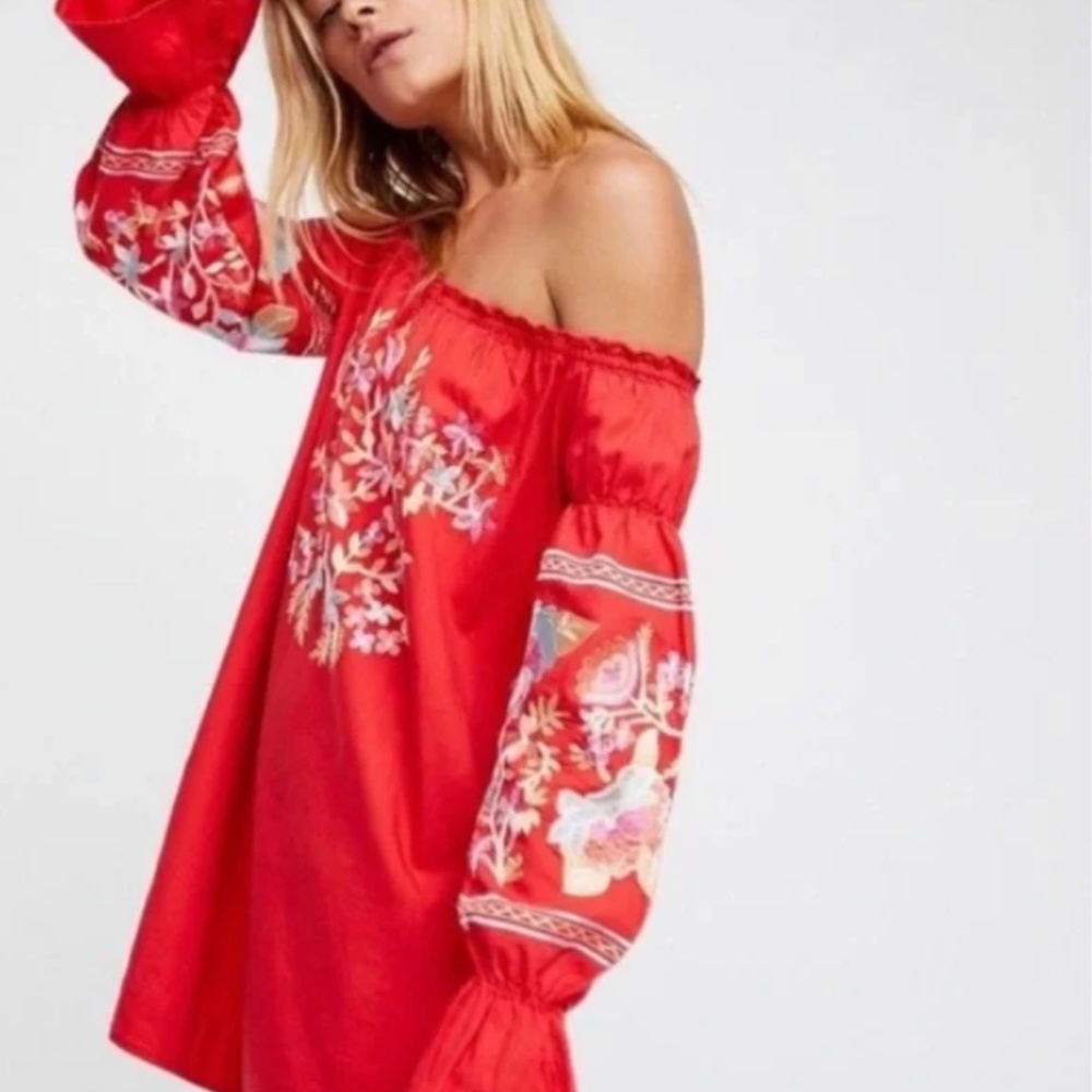 Free People Off shoulder Embroidered Dress Tunic Top Red Floral Size: Small - Picture 2 of 7